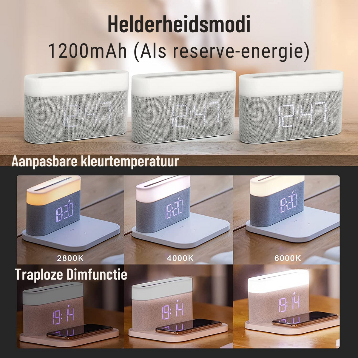 3-in-1 kabelloses Ladegerät LED-Lampe und digitaler Wecker Dockingstation