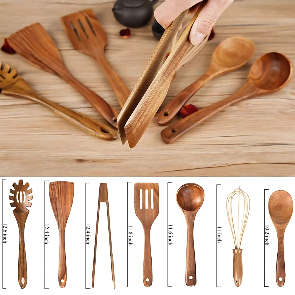 7-teiliges Küchenutensilien-Set aus Teakholz zum Kochen, Rühren und Servieren