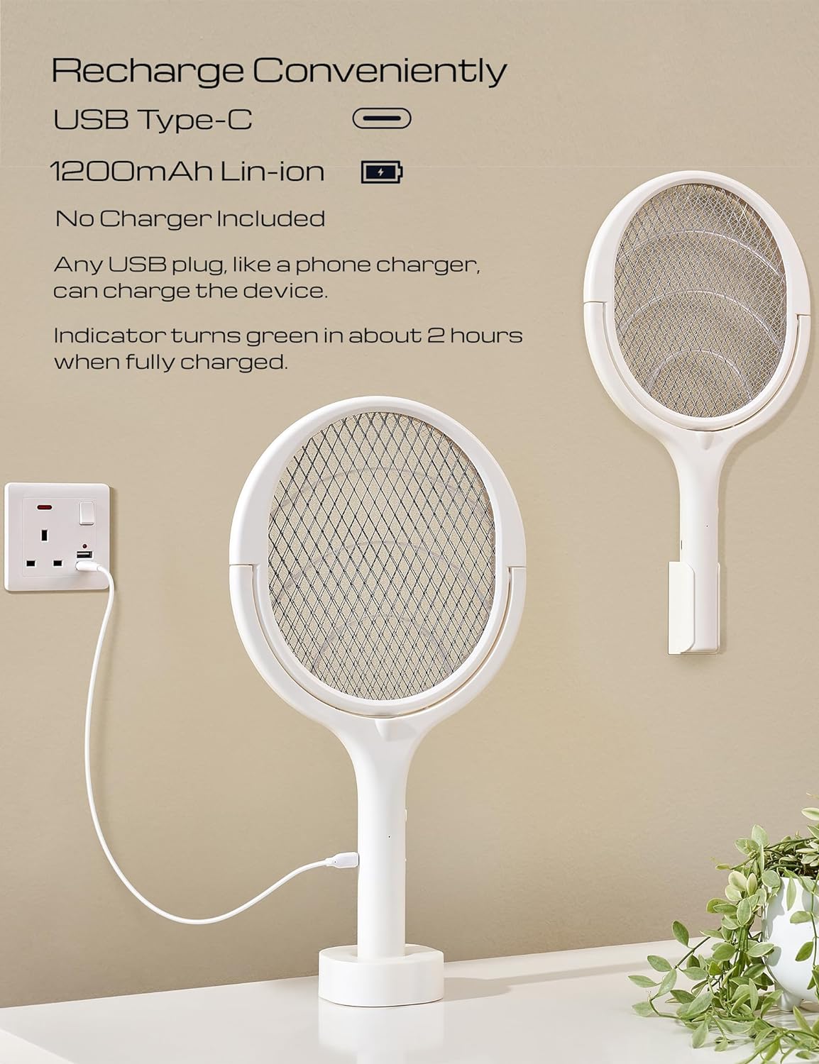 Rechargeable Electric Fly Swatter with 90 Degree Rotating Head High Voltage Insect Zapper