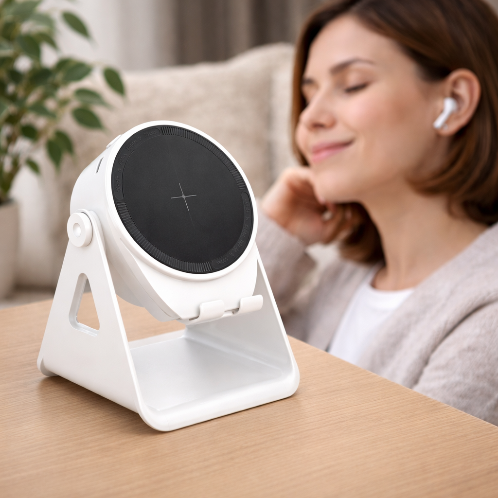 Bluetooth-højttaler, telefonholder og trådløs oplader med justerbar LED-dock