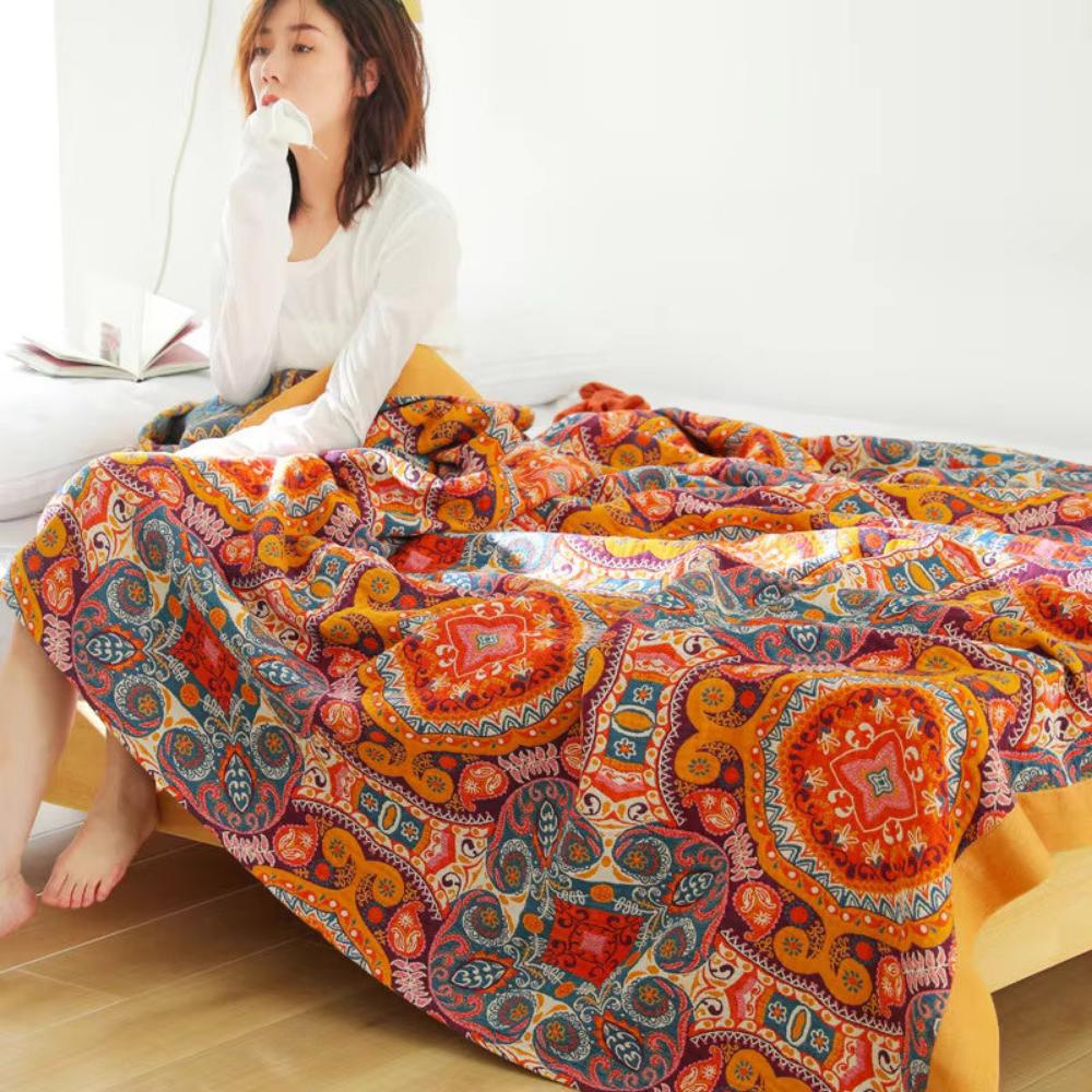 Boho Reversible Cooling Blanket Cotton Breathable Moisture Wicking Bedding