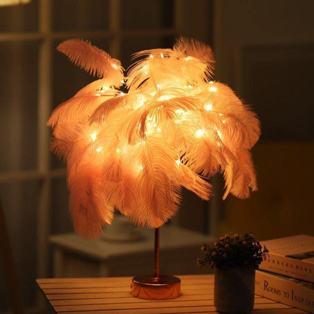 Decoratieve veren-tafellamp met verlichting via afstandsbediening