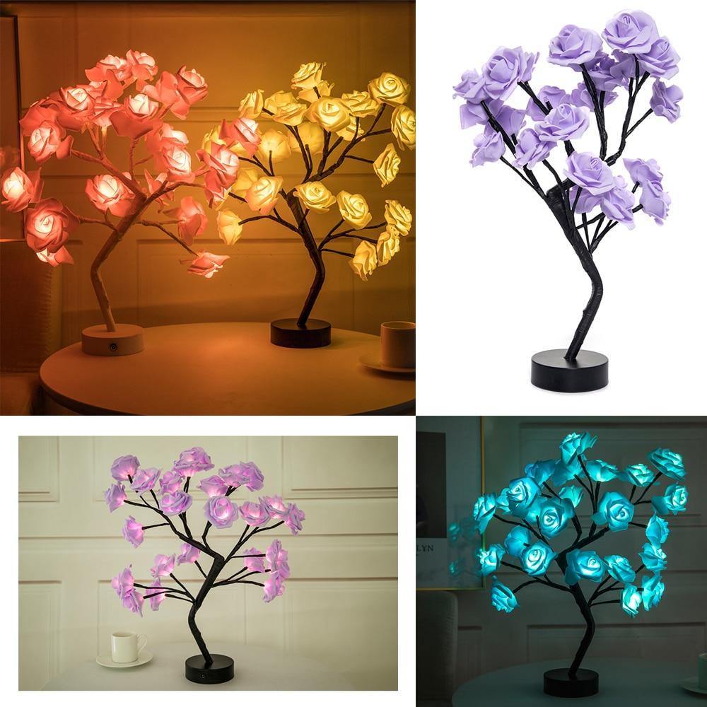 Dekorative Rosenzweig-Tischlampe mit sanfter LED-Beleuchtung