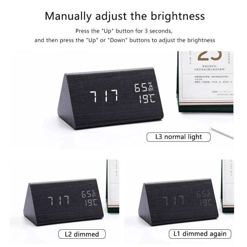 Futura Digital Wooden Alarm Clock with Temperature Display