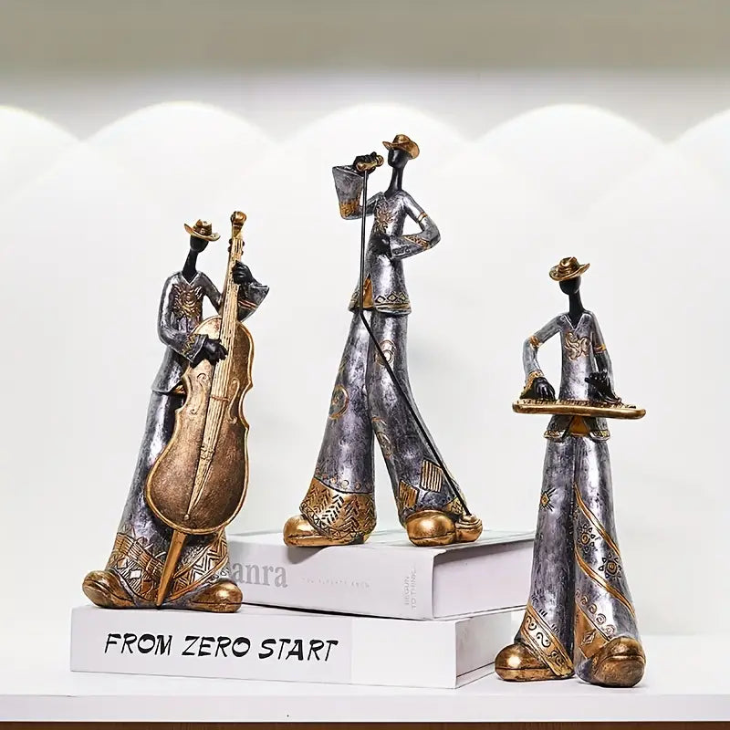 Håndlavede figurer af jazzmusikere med vintagefarver og dynamiske positioner