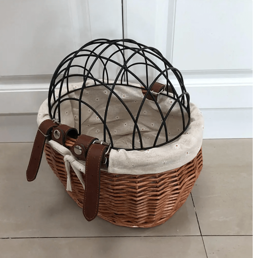 Front Mounted Wicker Dog Bike Basket with Removable Metal Cover Leather Straps