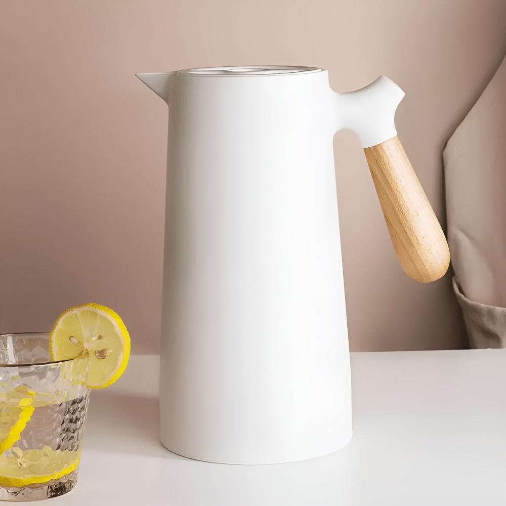 Isolierte 1-Liter-Karaffe mit Holzgriff und Glasinnenauskleidung