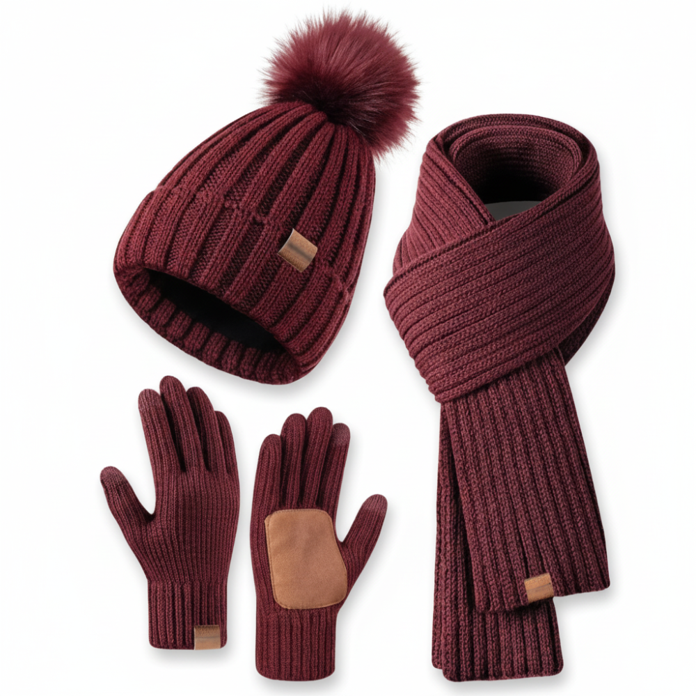 Gebreide wintermuts, sjaal en touchscreenhandschoenen, warme set voor koud weer