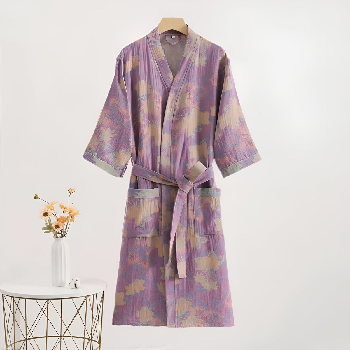 Leichter Kimono-Morgenmantel aus Baumwollgaze mit Blumenprint