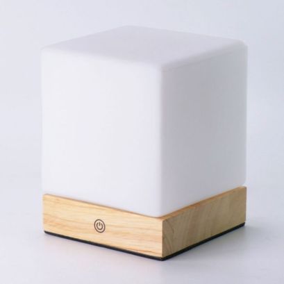 Minimalistische tafellamp met houten accenten en matglas