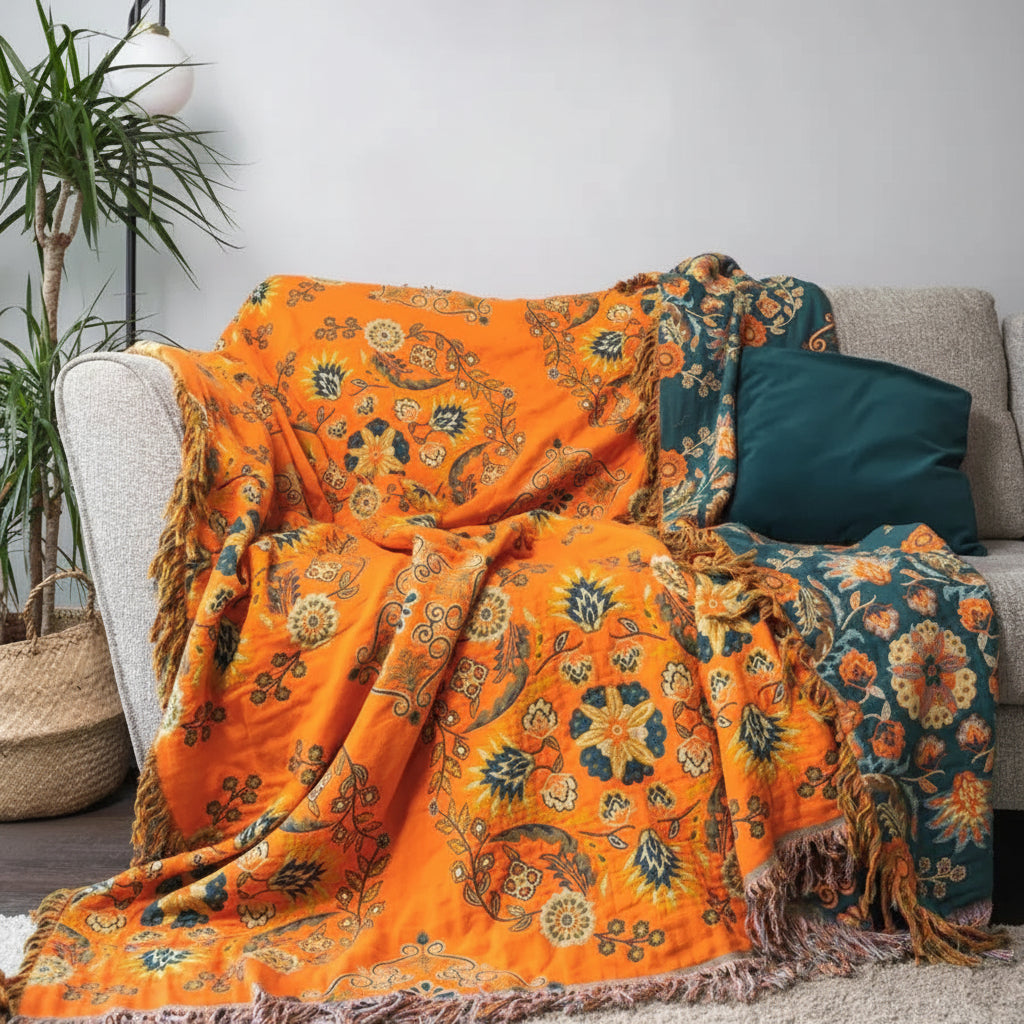 Omkeerbare plaid van katoengaas met bloemen, zachte en ademende hoes voor bank of bed