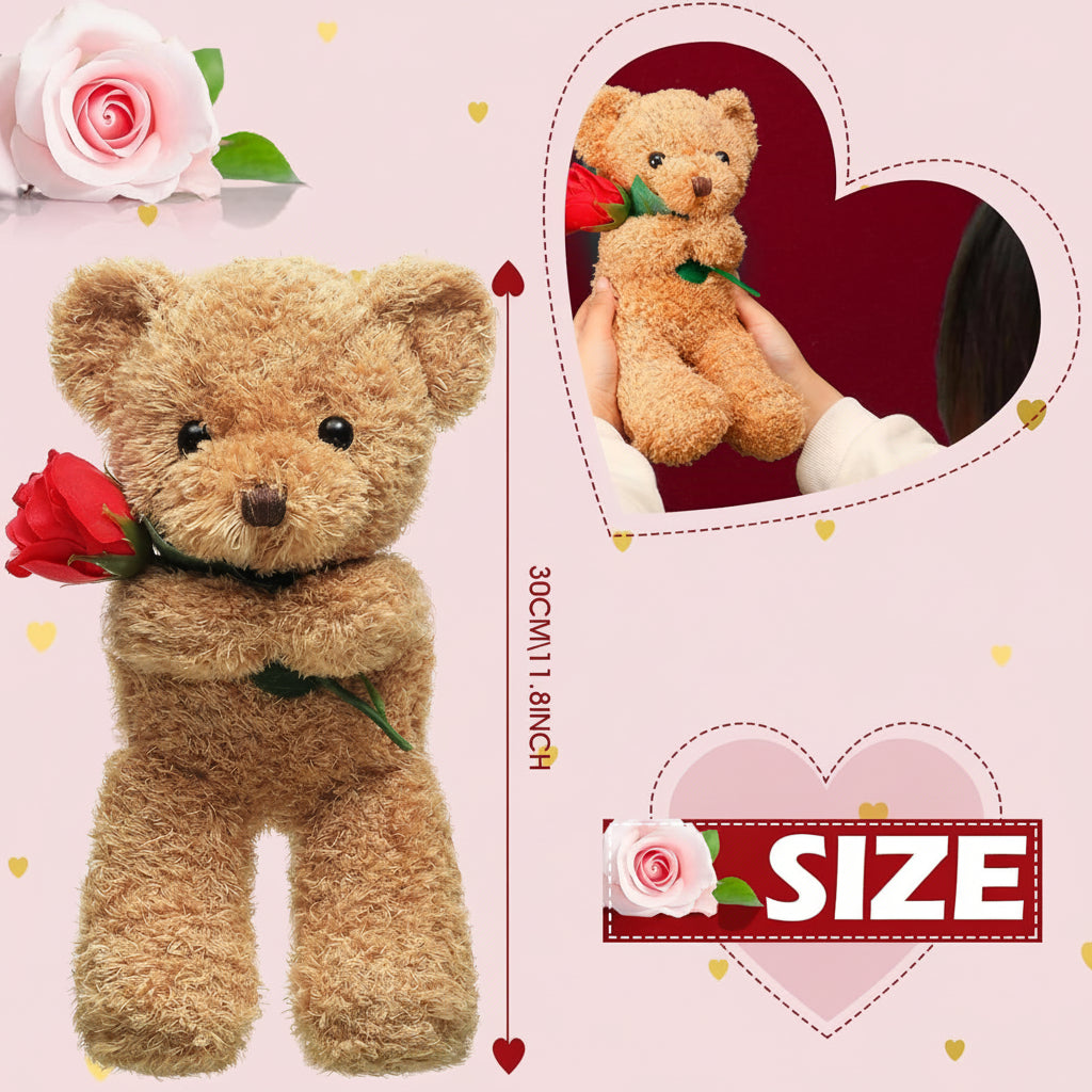 Blød plysbamse til valentinsdag, holder en rose, tøjdyrsgave til hende