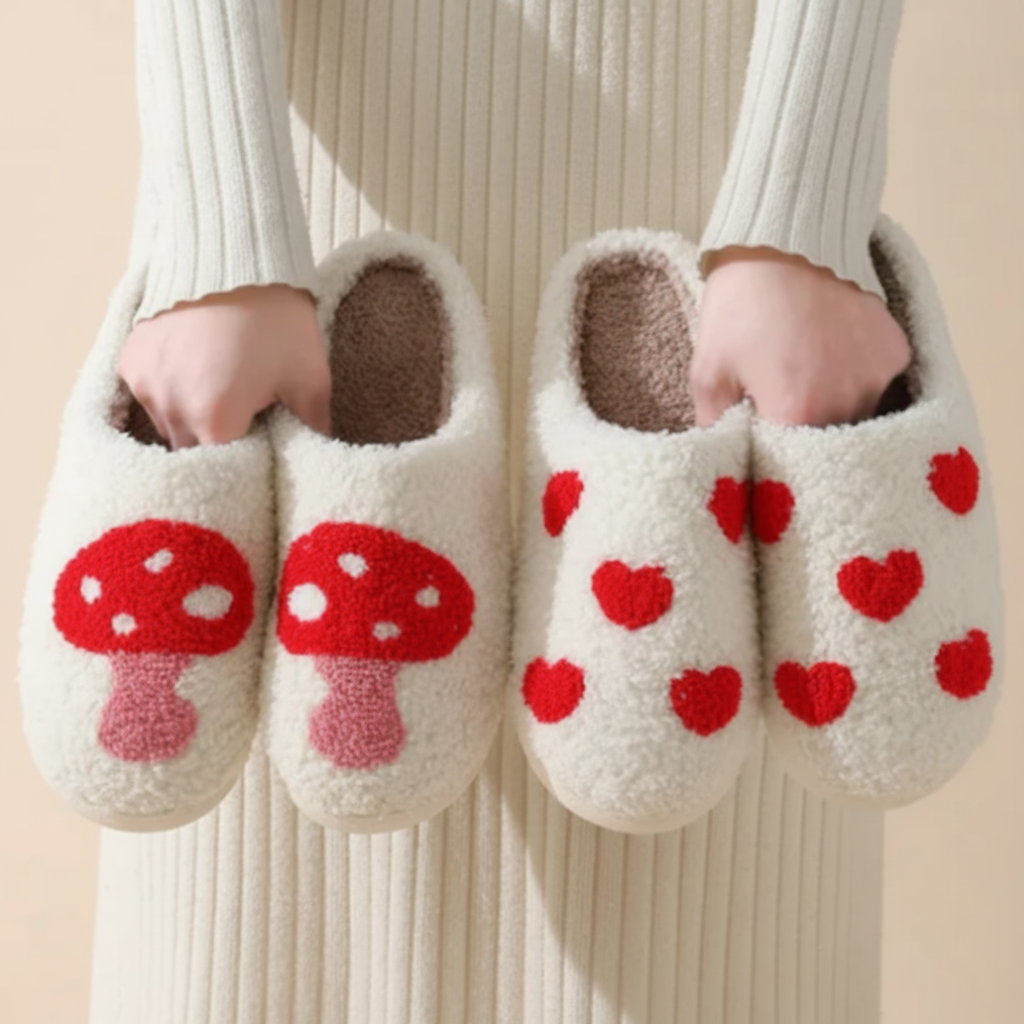 Womens Heart Print Memory Foam Slippers Cozy Fluffy House Shoes
