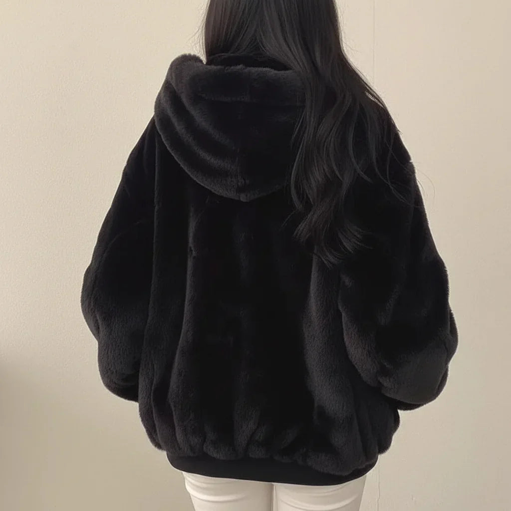 Damen-Winterjacke mit Lammfellfutter, Reißverschluss, lässiger warmer Mantel, legere Passform