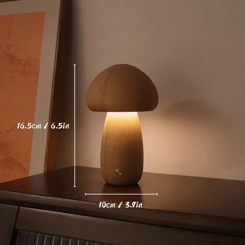 Tischlampe in Pilzform aus Holz mit einstellbarer Helligkeit und Tastensteuerung