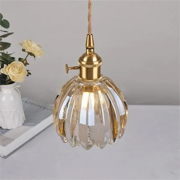Japanese Retro Glass Flower Pendant Light with Metal Frame E27 Hanging Fixture