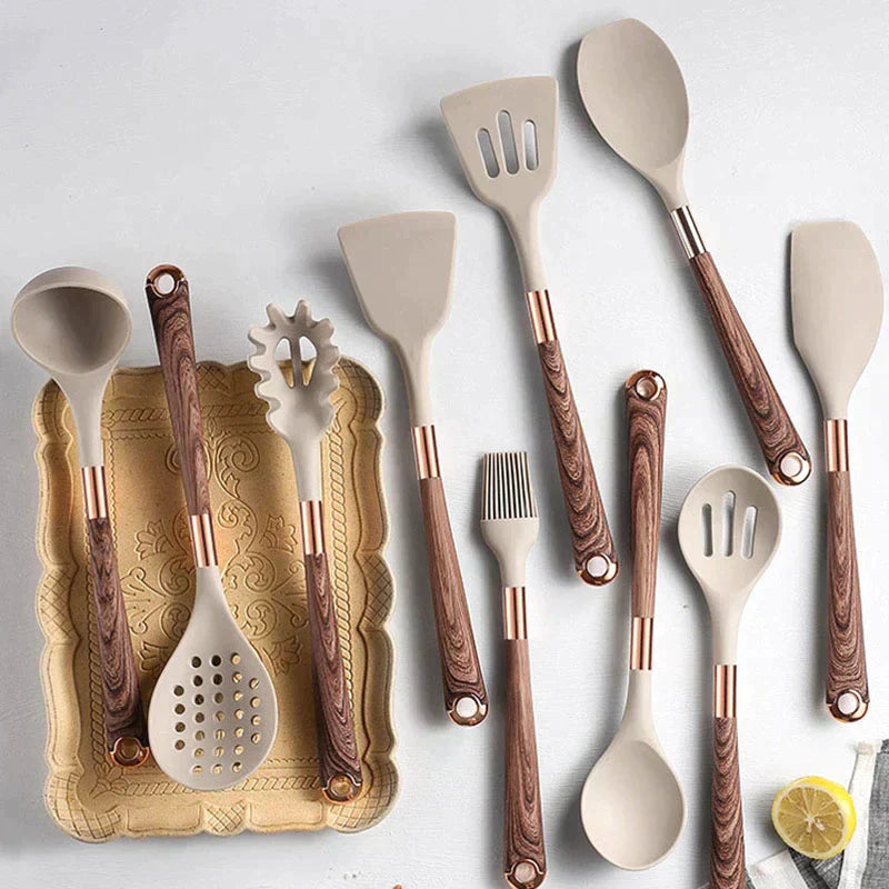 10 Piece Silicone Kitchen Utensil Set with Wooden Handles