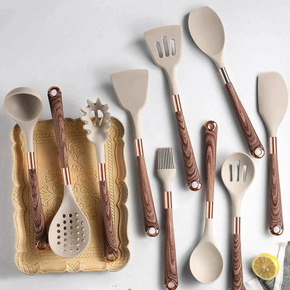 10 Piece Silicone Kitchen Utensil Set with Wooden Handles