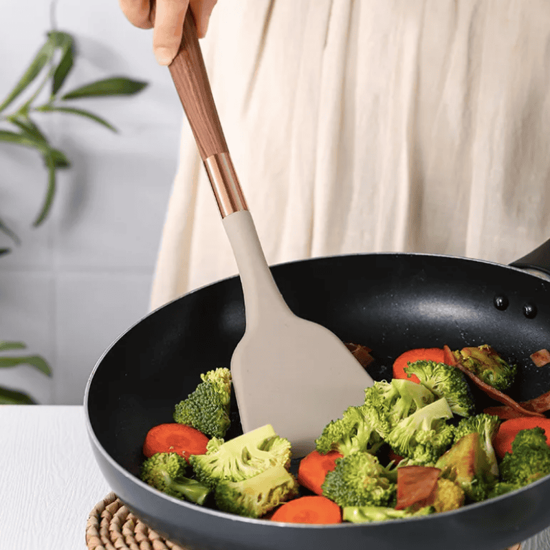 10 Piece Silicone Kitchen Utensil Set with Wooden Handles