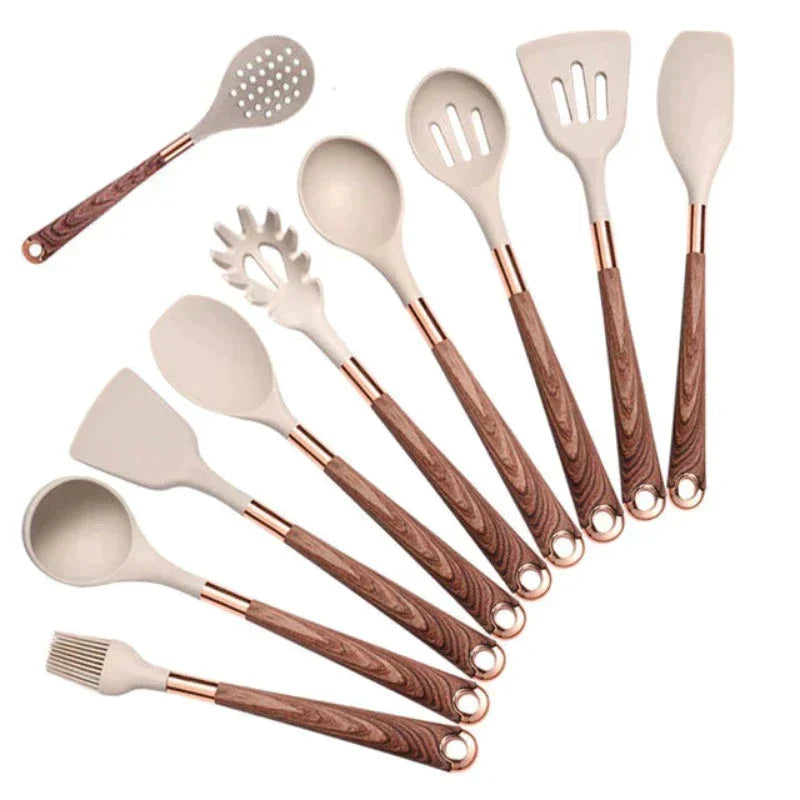 10 Piece Silicone Kitchen Utensil Set with Wooden Handles