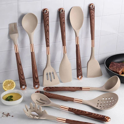 10 Piece Silicone Kitchen Utensil Set with Wooden Handles