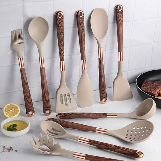10 Piece Silicone Kitchen Utensil Set with Wooden Handles