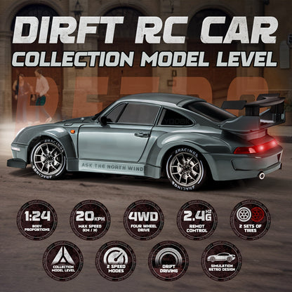 1:24 RC Drift Car with LED Wheels and Rechargeable 4WD Racing Performance