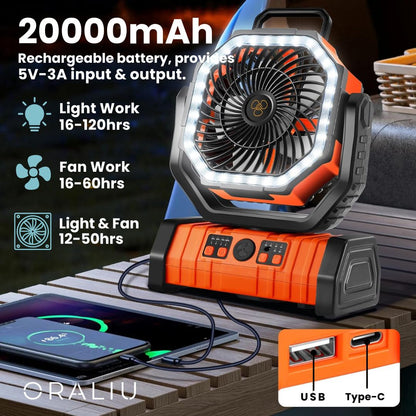 3-in-1 Camping Fan with LED Light and 20000mAh Power Bank
