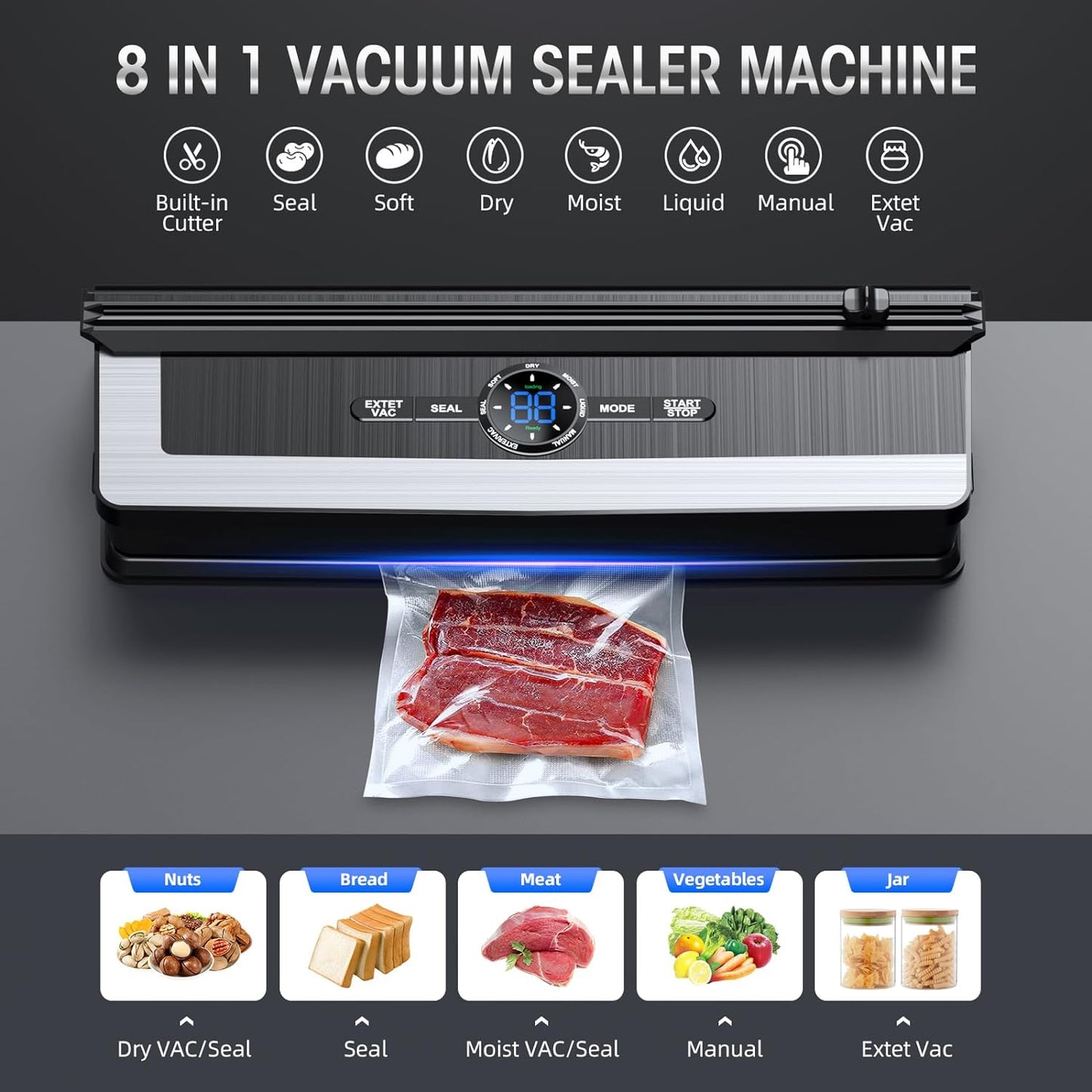 8-in-1 vacuümsealer voedselbewaarmachine met ingebouwde snijder voor verse opslag