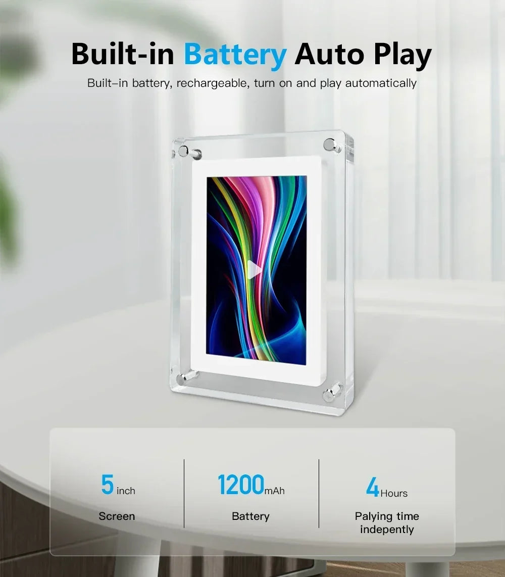 Acrylic Digital Photo Frame 5 Inch IPS Display Rechargeable
