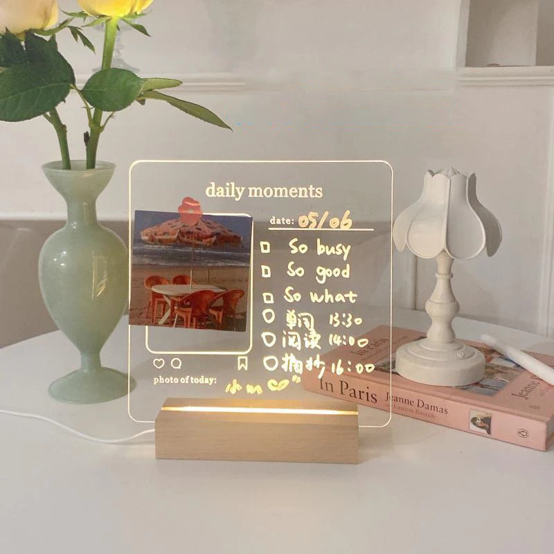 Acrylic Memo Board with Wooden USB Stand and LED Lighting
