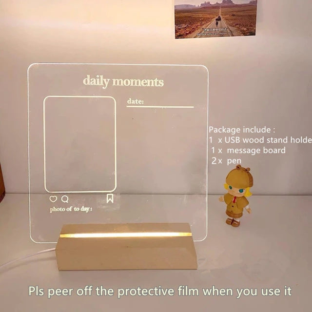 Acrylic Memo Board with Wooden USB Stand and LED Lighting