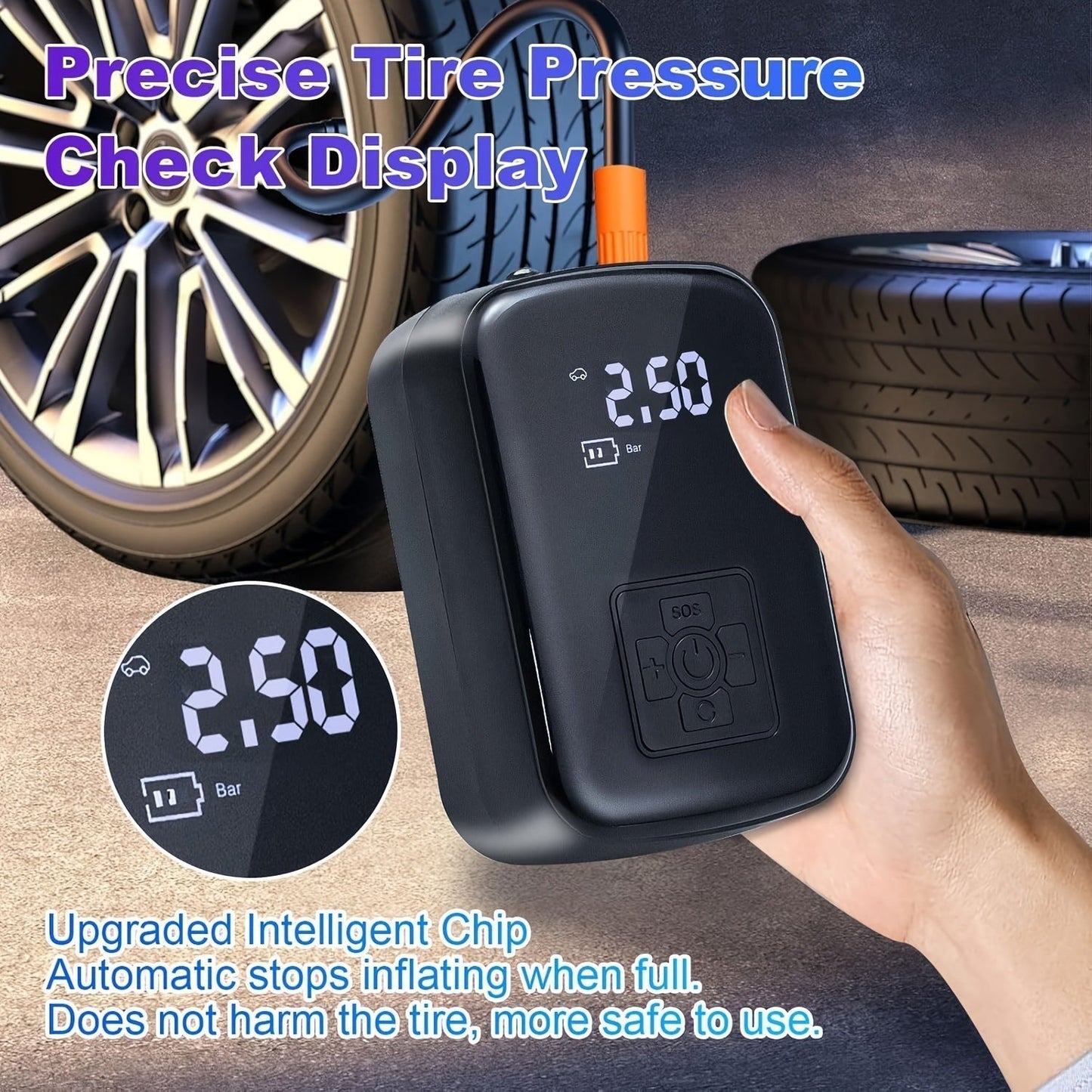 AirPump Pro bærbar luftkompressor med digitalt display og LED-lys