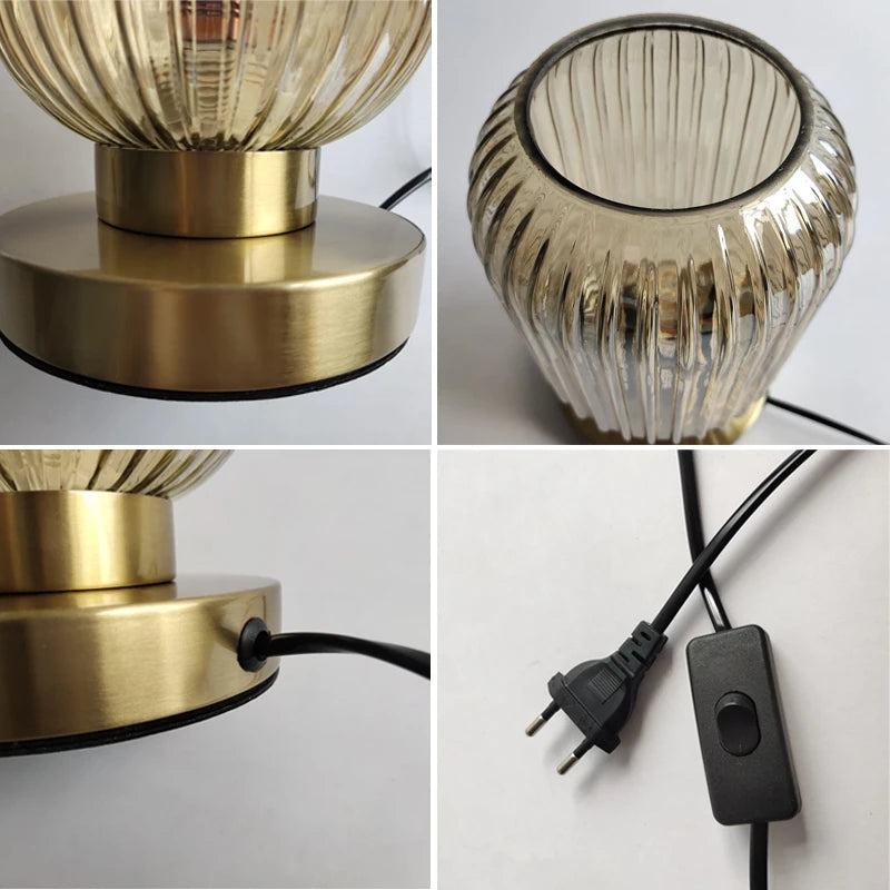 Bordlampe i ravfarvet glas med minimalistisk metalstel og varmt stemningslys