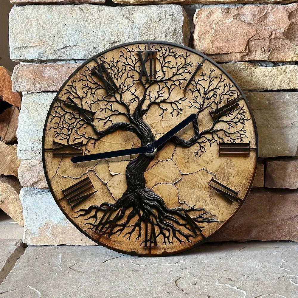 Arboria Wooden Wall Clock with Tree of Life Design for Rustic Natural Home Decor