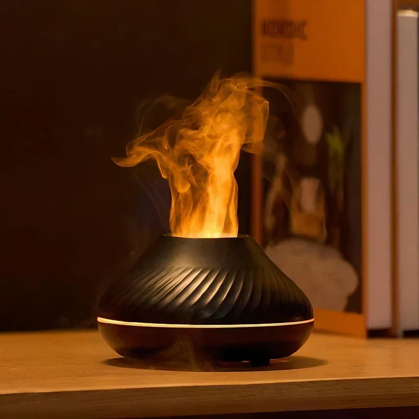 Aromadiffuser med lys i flammeeffekt, understøttelse af æteriske olier og automatisk slukning