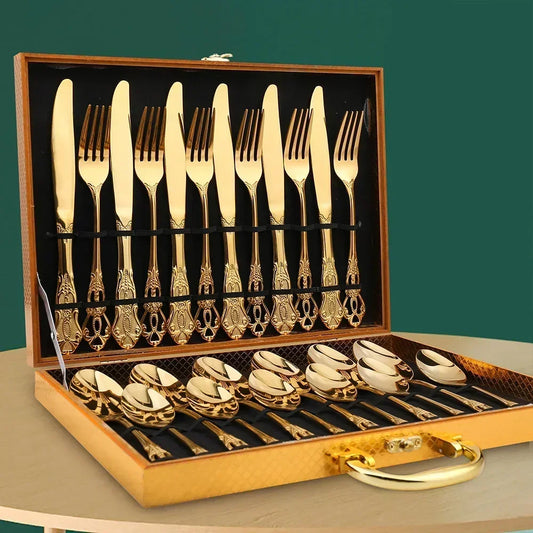 Aurique 24 Piece Stainless Steel Cutlery Set Elegant Engraved Dining Set