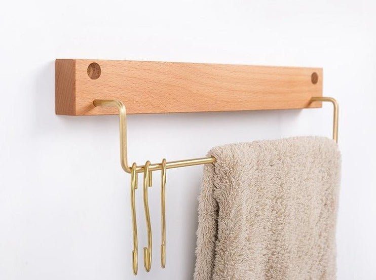 Handtuchhalter aus Buchenholz mit Messingstange für Bad und Zuhause