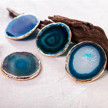 Blue Agate Coasters with Gold-Plated Edges, Set of 2
