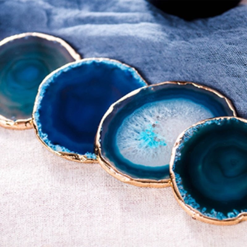 Blue Agate Coasters with Gold-Plated Edges, Set of 2