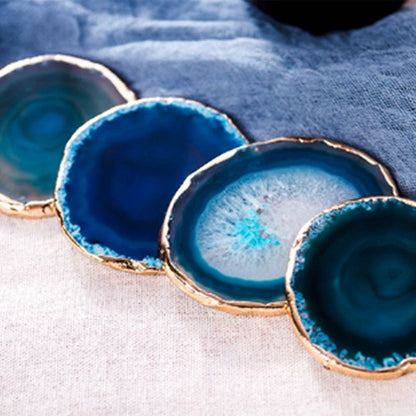 Blue Agate Coasters with Gold-Plated Edges, Set of 2