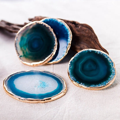 Blue Agate Coasters with Gold-Plated Edges, Set of 2