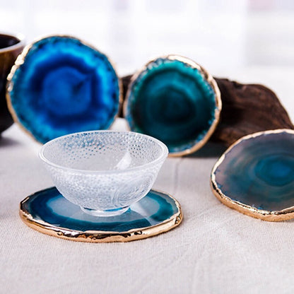 Blue Agate Coasters with Gold-Plated Edges, Set of 2
