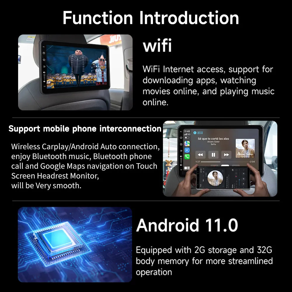 Bluetooth Car Headrest Screen Ultra HD Rear Seat Entertainment Display