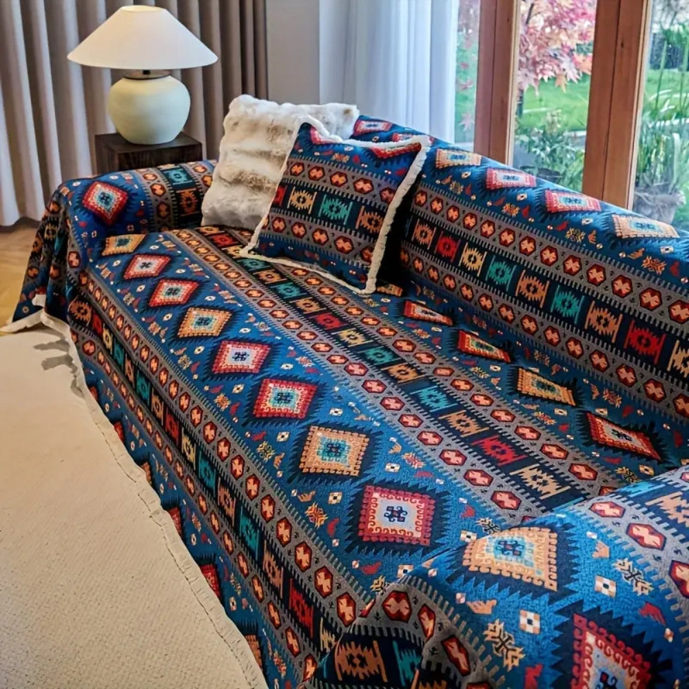 Boho-bankhoes van chenille – kleurrijk geometrisch patroon met warme aardetinten