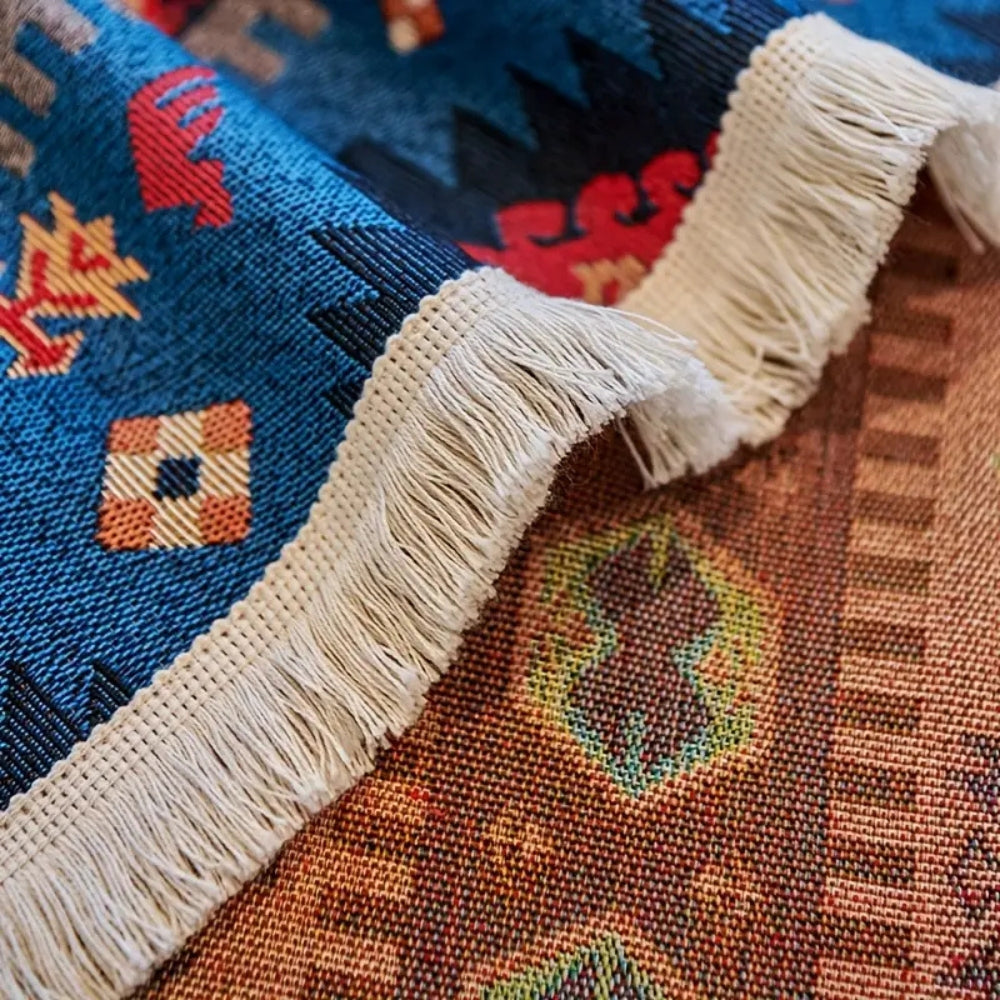Boho-bankhoes van chenille – kleurrijk geometrisch patroon met warme aardetinten