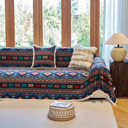 Boho-bankhoes van chenille – kleurrijk geometrisch patroon met warme aardetinten