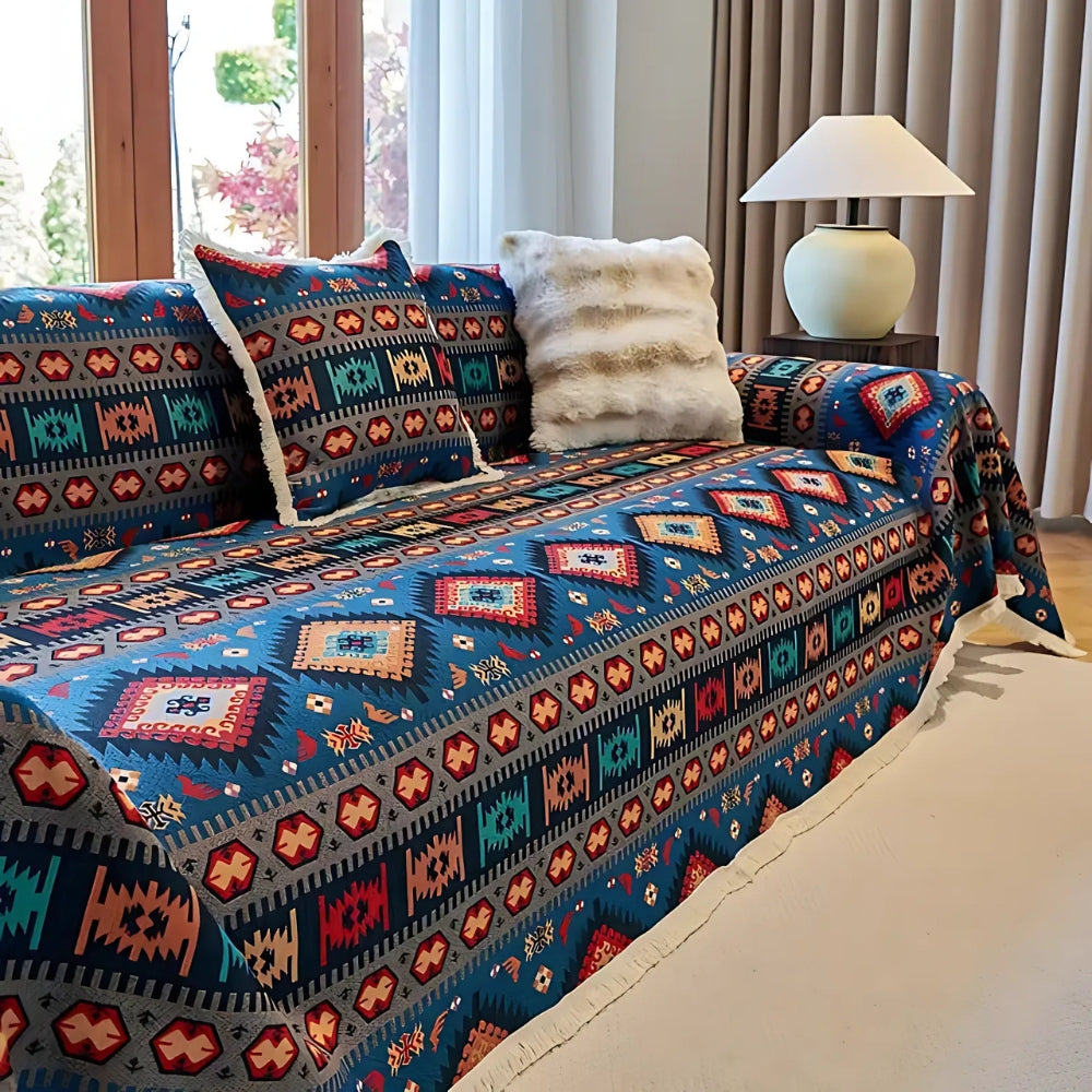 Boho-bankhoes van chenille – kleurrijk geometrisch patroon met warme aardetinten