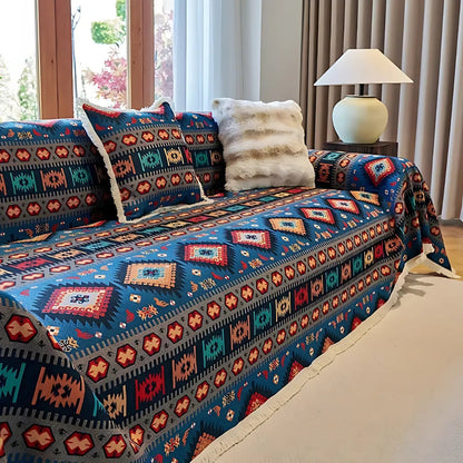 Boho-bankhoes van chenille – kleurrijk geometrisch patroon met warme aardetinten