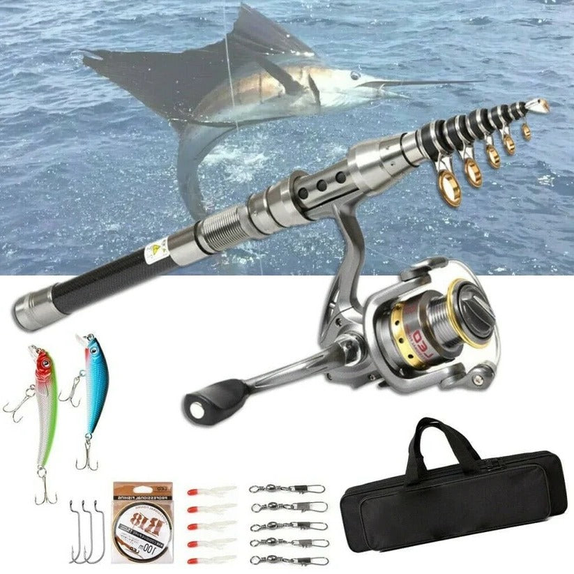 Carbon Fibre teleskopisk fiskestang og hjul combo bærbart fiskesæt med tilbehør